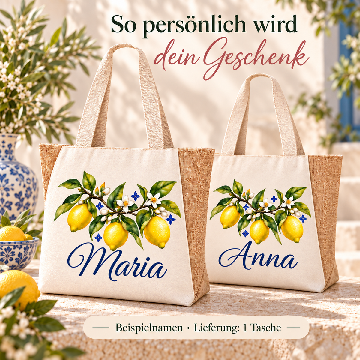 Zwei Shopper mit gleichem Zitronenzweig und unterschiedlichen Wunschnamen. Hinweis: Lieferung einer Tasche.
