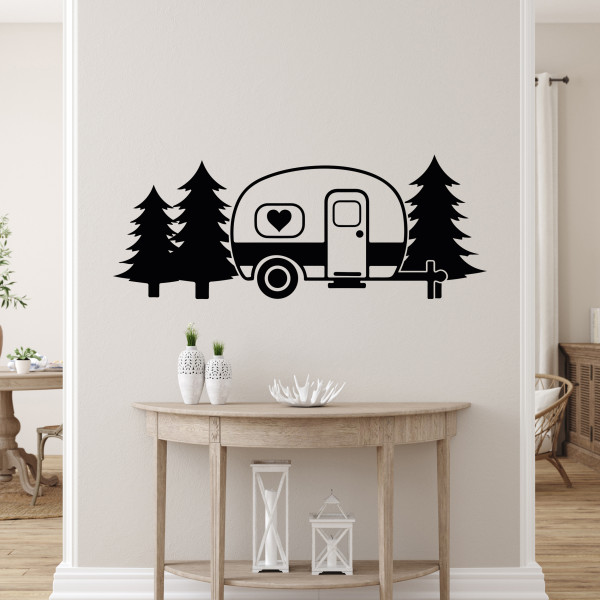 Wandtattoo Camping, Wohnwagen mit Wald Camper