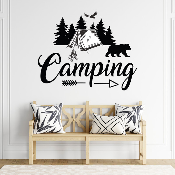 Wandtattoo Sprüche Camping mit Zelt und Bär