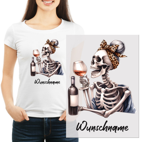 Bügelbild Halloween Frau Skelett mit Wein