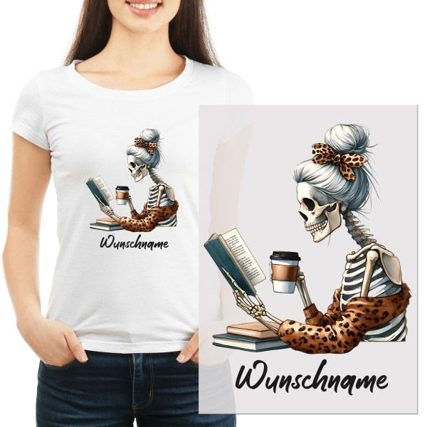 Bügelbild Halloween Frau Skelett mit Kaffee