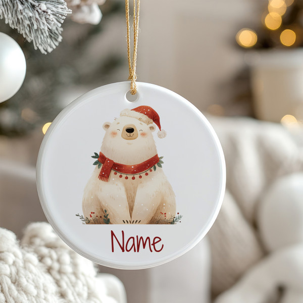 Tannenbaum Aufhänger mit Namen personalisiert Weihnachten Geschenk Weihnachtskugel Weiß Bär