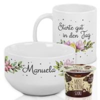 Geschenk-Set mit Müslischale & Tasse Starte gut in den Tag Blumen