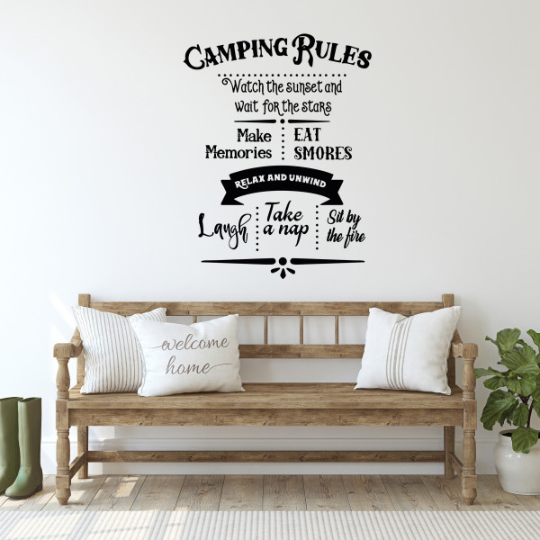 Wandtattoo Sprüche Camping Regeln, Camper, Reise Aufkleber für Wohnzimmer, Flur, Innen und Außen