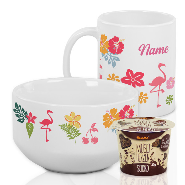 Müslischale mit Tasse Set Tropical Flamingo