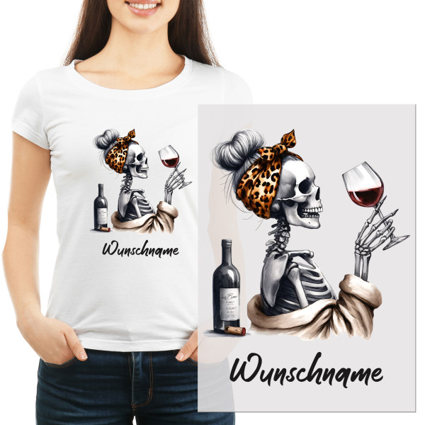 Bügelbild Frau Skelett mit Wein