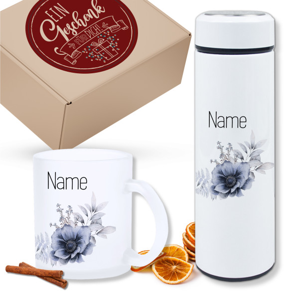 Geschenkset Teeflasche mit Tasse mit Motiv Blume